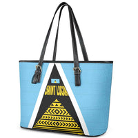 Saint Lucia Tribal Triangle Design Leather Tote Bag with Flag Colors and The Land The People The Light Quote - Wonder Print Shop