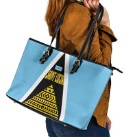 Saint Lucia Tribal Triangle Design Leather Tote Bag with Flag Colors and The Land The People The Light Quote - Wonder Print Shop