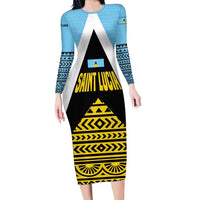 Saint Lucia Tribal Triangle Design Long Sleeve Bodycon Dress with Flag Colors and The Land The People The Light Quote - Wonder Print Shop