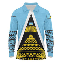 Saint Lucia Tribal Triangle Design Long Sleeve Polo Shirt with Flag Colors and The Land The People The Light Quote - Wonder Print Shop