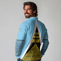 Saint Lucia Tribal Triangle Design Long Sleeve Polo Shirt with Flag Colors and The Land The People The Light Quote - Wonder Print Shop
