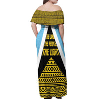 Saint Lucia Tribal Triangle Design Off Shoulder Maxi Dress with Flag Colors and The Land The People The Light Quote - Wonder Print Shop