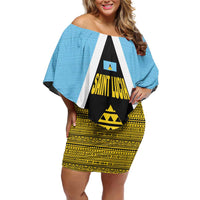 Saint Lucia Tribal Triangle Design Off Shoulder Short Dress with Flag Colors and The Land The People The Light Quote - Wonder Print Shop