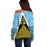 Saint Lucia Tribal Triangle Design Off Shoulder Sweater with Flag Colors and The Land The People The Light Quote - Wonder Print Shop