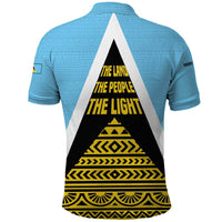 Saint Lucia Tribal Triangle Design Polo Shirt with Flag Colors and The Land The People The Light Quote - Wonder Print Shop