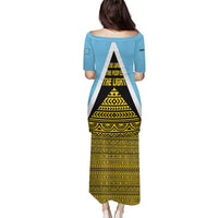 Saint Lucia Tribal Triangle Design Puletasi with Flag Colors and The Land The People The Light Quote - Wonder Print Shop