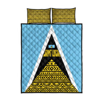 Saint Lucia Tribal Triangle Design Quilt Bed Set with Flag Colors and The Land The People The Light Quote - Wonder Print Shop