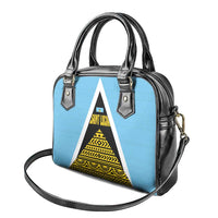 Saint Lucia Tribal Triangle Design Shoulder Handbag with Flag Colors and The Land The People The Light Quote - Wonder Print Shop