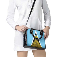 Saint Lucia Tribal Triangle Design Shoulder Handbag with Flag Colors and The Land The People The Light Quote - Wonder Print Shop