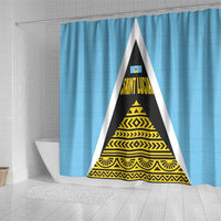 Saint Lucia Tribal Triangle Design Shower Curtain with Flag Colors and The Land The People The Light Quote - Wonder Print Shop