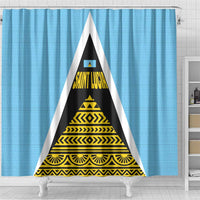 Saint Lucia Tribal Triangle Design Shower Curtain with Flag Colors and The Land The People The Light Quote - Wonder Print Shop