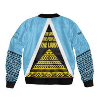 Saint Lucia Tribal Triangle Design Sleeve Zip Bomber Jacket with Flag Colors and The Land The People The Light Quote - Wonder Print Shop