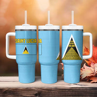 Saint Lucia Tribal Triangle Design Tumbler With Handle with Flag Colors and The Land The People The Light Quote - Wonder Print Shop