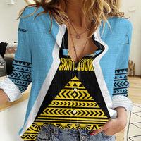 Saint Lucia Tribal Triangle Design Women Casual Shirt with Flag Colors and The Land The People The Light Quote - Wonder Print Shop