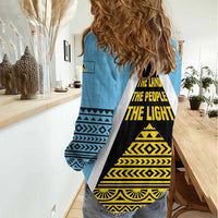 Saint Lucia Tribal Triangle Design Women Casual Shirt with Flag Colors and The Land The People The Light Quote - Wonder Print Shop