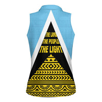 Saint Lucia Tribal Triangle Design Women Sleeveless Polo Shirt with Flag Colors and The Land The People The Light Quote - Wonder Print Shop