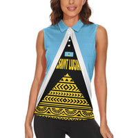 Saint Lucia Tribal Triangle Design Women Sleeveless Polo Shirt with Flag Colors and The Land The People The Light Quote - Wonder Print Shop