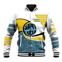 Saint Lucia Modern Tribal Crest Design Baseball Jacket with Flag Colors and Bold Text Layout - Wonder Print Shop
