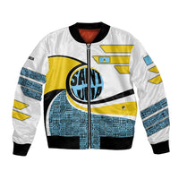 Saint Lucia Modern Tribal Crest Design Bomber Jacket with Flag Colors and Bold Text Layout - Wonder Print Shop