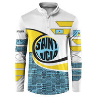 Saint Lucia Modern Tribal Crest Design Button Sweatshirt with Flag Colors and Bold Text Layout - Wonder Print Shop