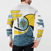 Saint Lucia Modern Tribal Crest Design Button Sweatshirt with Flag Colors and Bold Text Layout - Wonder Print Shop