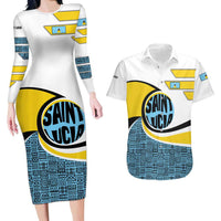 Saint Lucia Modern Tribal Crest Design Couples Matching Long Sleeve Bodycon Dress and Hawaiian Shirt with Flag Colors and Bold Text Layout - Wonder Print Shop