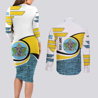 Saint Lucia Modern Tribal Crest Design Couples Matching Long Sleeve Bodycon Dress and Long Sleeve Button Shirt with Flag Colors and Bold Text Layout - Wonder Print Shop
