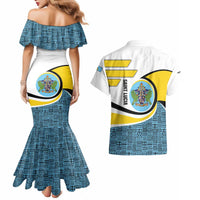 Saint Lucia Modern Tribal Crest Design Couples Matching Mermaid Dress and Hawaiian Shirt with Flag Colors and Bold Text Layout - Wonder Print Shop