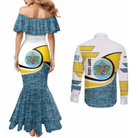 Saint Lucia Modern Tribal Crest Design Couples Matching Mermaid Dress and Long Sleeve Button Shirt with Flag Colors and Bold Text Layout - Wonder Print Shop
