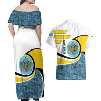 Saint Lucia Modern Tribal Crest Design Couples Matching Off Shoulder Maxi Dress and Hawaiian Shirt with Flag Colors and Bold Text Layout - Wonder Print Shop