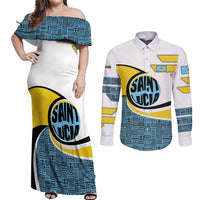 Saint Lucia Modern Tribal Crest Design Couples Matching Off Shoulder Maxi Dress and Long Sleeve Button Shirt with Flag Colors and Bold Text Layout - Wonder Print Shop