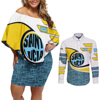 Saint Lucia Modern Tribal Crest Design Couples Matching Off Shoulder Short Dress and Long Sleeve Button Shirt with Flag Colors and Bold Text Layout - Wonder Print Shop