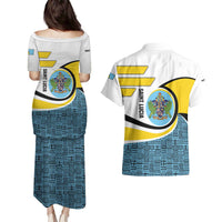 Saint Lucia Modern Tribal Crest Design Couples Matching Puletasi and Hawaiian Shirt with Flag Colors and Bold Text Layout - Wonder Print Shop