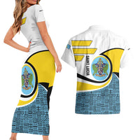 Saint Lucia Modern Tribal Crest Design Couples Matching Short Sleeve Bodycon Dress and Hawaiian Shirt with Flag Colors and Bold Text Layout - Wonder Print Shop