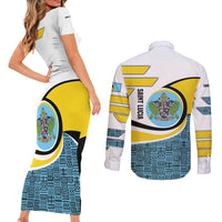 Saint Lucia Modern Tribal Crest Design Couples Matching Short Sleeve Bodycon Dress and Long Sleeve Button Shirt with Flag Colors and Bold Text Layout - Wonder Print Shop