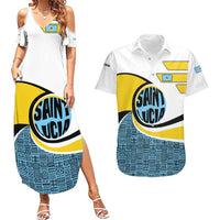 Saint Lucia Modern Tribal Crest Design Couples Matching Summer Maxi Dress and Hawaiian Shirt with Flag Colors and Bold Text Layout - Wonder Print Shop