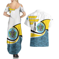 Saint Lucia Modern Tribal Crest Design Couples Matching Summer Maxi Dress and Hawaiian Shirt with Flag Colors and Bold Text Layout - Wonder Print Shop