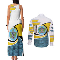 Saint Lucia Modern Tribal Crest Design Couples Matching Tank Maxi Dress and Long Sleeve Button Shirt with Flag Colors and Bold Text Layout - Wonder Print Shop