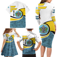 Saint Lucia Modern Tribal Crest Design Family Matching Long Sleeve Bodycon Dress and Hawaiian Shirt with Flag Colors and Bold Text Layout - Wonder Print Shop