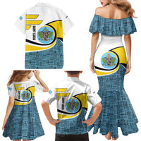 Saint Lucia Modern Tribal Crest Design Family Matching Mermaid Dress and Hawaiian Shirt with Flag Colors and Bold Text Layout - Wonder Print Shop
