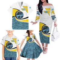 Saint Lucia Modern Tribal Crest Design Family Matching Off The Shoulder Long Sleeve Dress and Hawaiian Shirt with Flag Colors and Bold Text Layout - Wonder Print Shop
