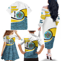 Saint Lucia Modern Tribal Crest Design Family Matching Off The Shoulder Long Sleeve Dress and Hawaiian Shirt with Flag Colors and Bold Text Layout - Wonder Print Shop