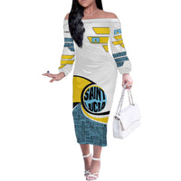 Saint Lucia Modern Tribal Crest Design Family Matching Off The Shoulder Long Sleeve Dress and Hawaiian Shirt with Flag Colors and Bold Text Layout - Wonder Print Shop