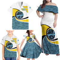 Saint Lucia Modern Tribal Crest Design Family Matching Off Shoulder Maxi Dress and Hawaiian Shirt with Flag Colors and Bold Text Layout - Wonder Print Shop
