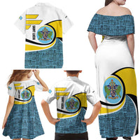 Saint Lucia Modern Tribal Crest Design Family Matching Off Shoulder Maxi Dress and Hawaiian Shirt with Flag Colors and Bold Text Layout - Wonder Print Shop