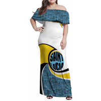 Saint Lucia Modern Tribal Crest Design Family Matching Off Shoulder Maxi Dress and Hawaiian Shirt with Flag Colors and Bold Text Layout - Wonder Print Shop