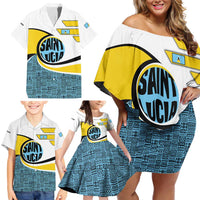 Saint Lucia Modern Tribal Crest Design Family Matching Off Shoulder Short Dress and Hawaiian Shirt with Flag Colors and Bold Text Layout - Wonder Print Shop