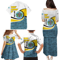 Saint Lucia Modern Tribal Crest Design Family Matching Puletasi and Hawaiian Shirt with Flag Colors and Bold Text Layout - Wonder Print Shop