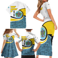 Saint Lucia Modern Tribal Crest Design Family Matching Short Sleeve Bodycon Dress and Hawaiian Shirt with Flag Colors and Bold Text Layout - Wonder Print Shop