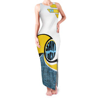 Saint Lucia Modern Tribal Crest Design Family Matching Tank Maxi Dress and Hawaiian Shirt with Flag Colors and Bold Text Layout - Wonder Print Shop